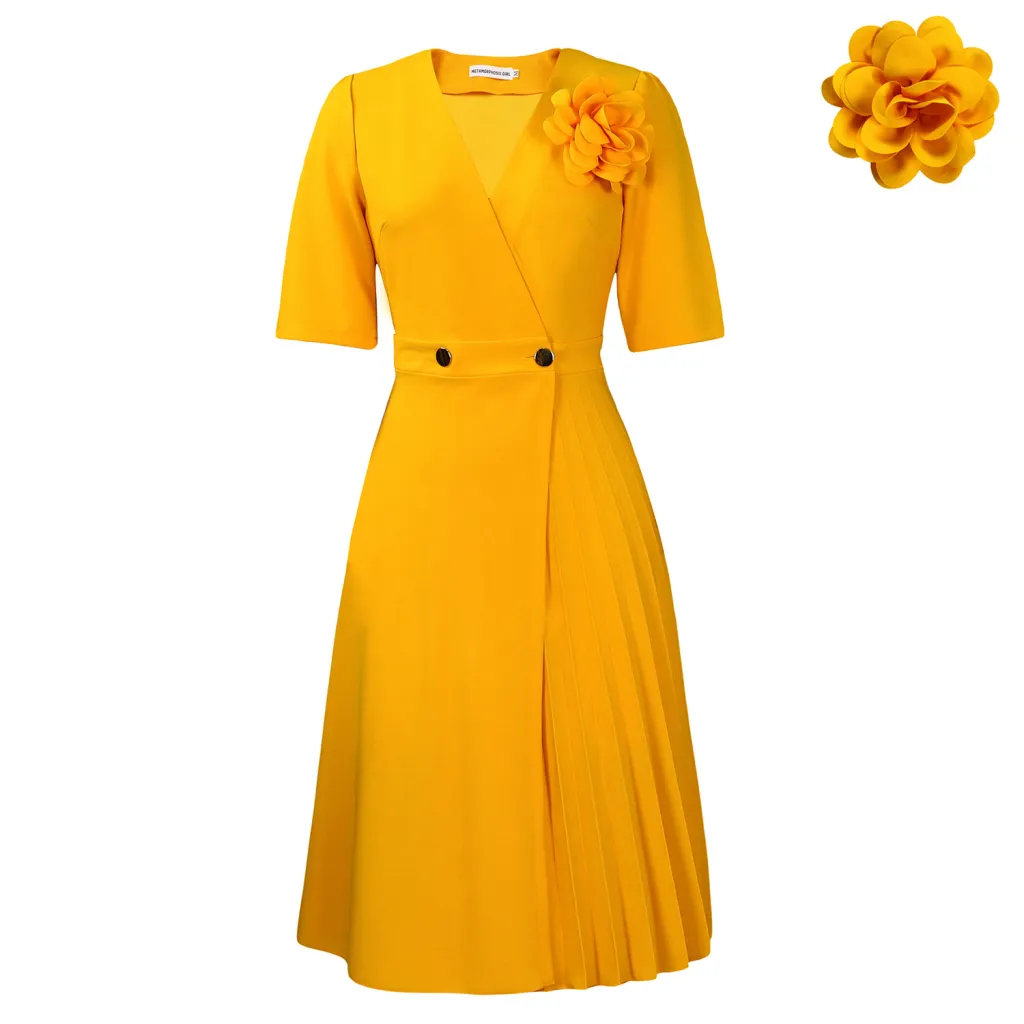 V-neck Fashion Short Sleeve Solid Color Elegant Dress - Yellow