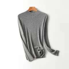 Women's All-wool Long-sleeved Sweater Seamless Worsted Half-turtleneck Mernu Sunken - Grey - View 1