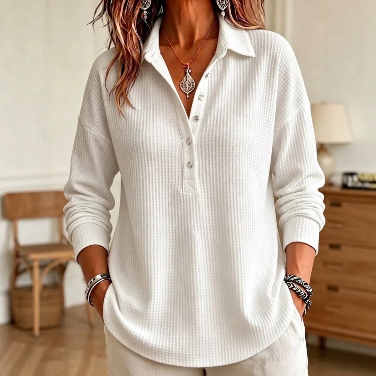 Women's Long-sleeve Solid-color Button-down Shirt