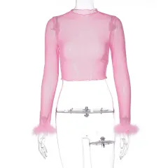 Women's Mesh Round Neck Long Sleeve Frayed Hem Slim Fit Top - Pink - View 1