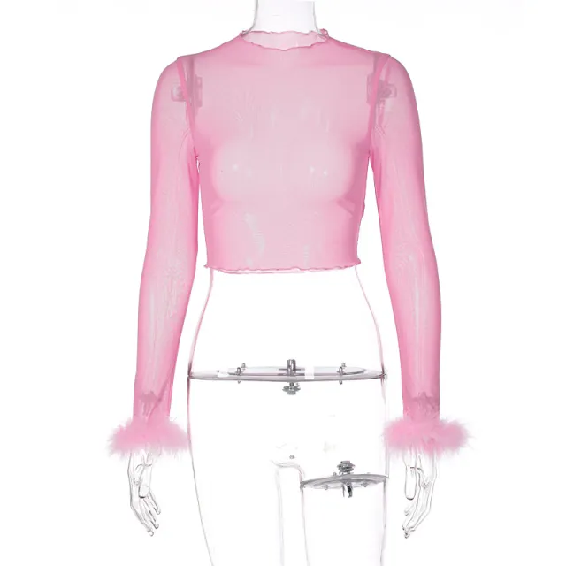 Women's Mesh Round Neck Long Sleeve Frayed Hem Slim Fit Top Pink - Shop at LoveMi