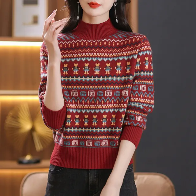 Jacquard Pullover Loose fitting Underwear Sweater Red - Shop at LoveMi