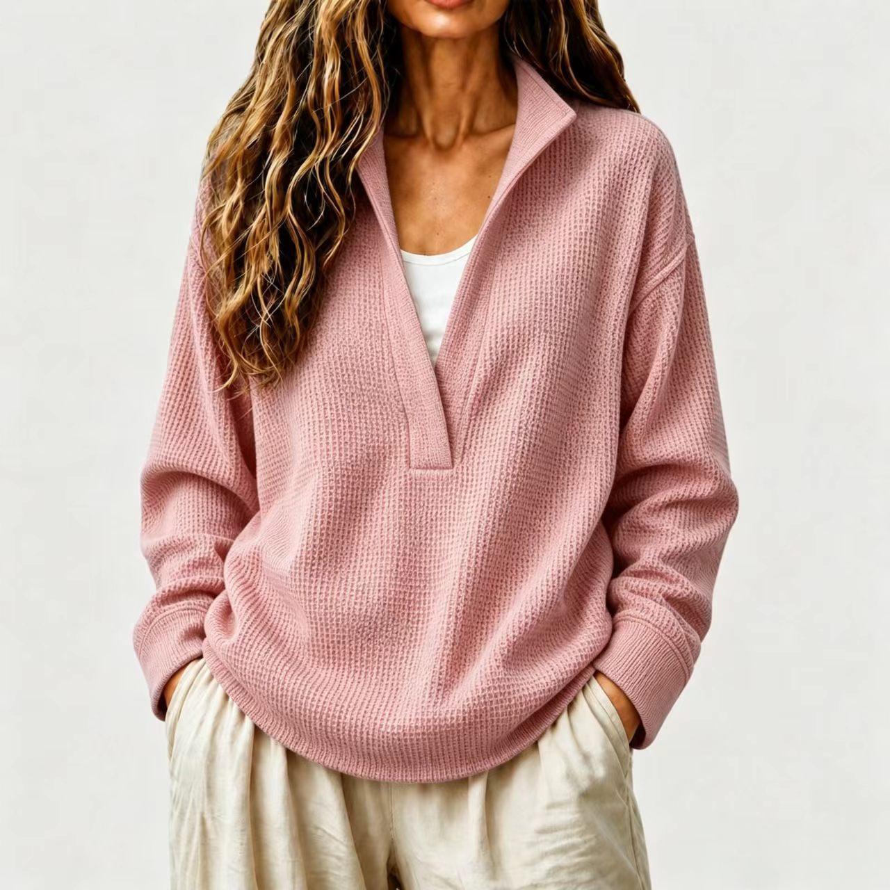 Waffle-knit pullover top – close-up of waffle texture fabric and relaxed fit