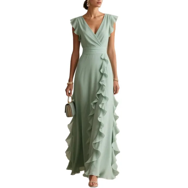 Solid Color Pleated Short Sleeves V neck Dress Green - Shop at LoveMi