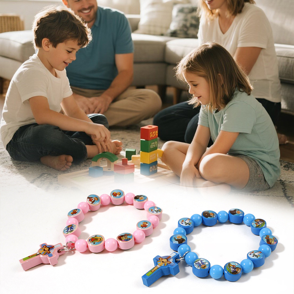 Pink And Blue Cross Sticker Rosary Bracelet