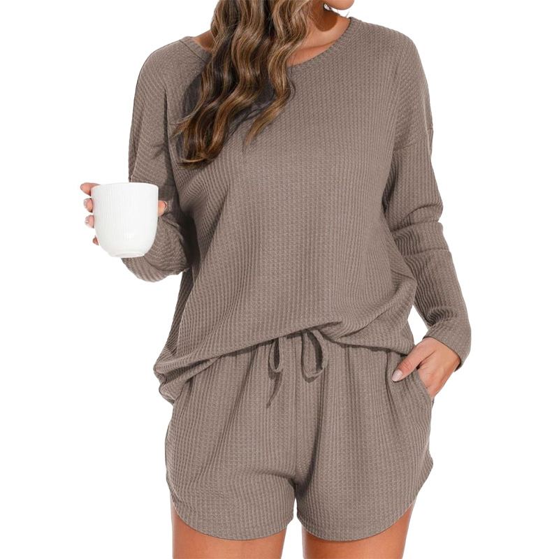 Waffle Knit Women's Long sleeved Pajamas Suit Brown - Shop at LoveMi