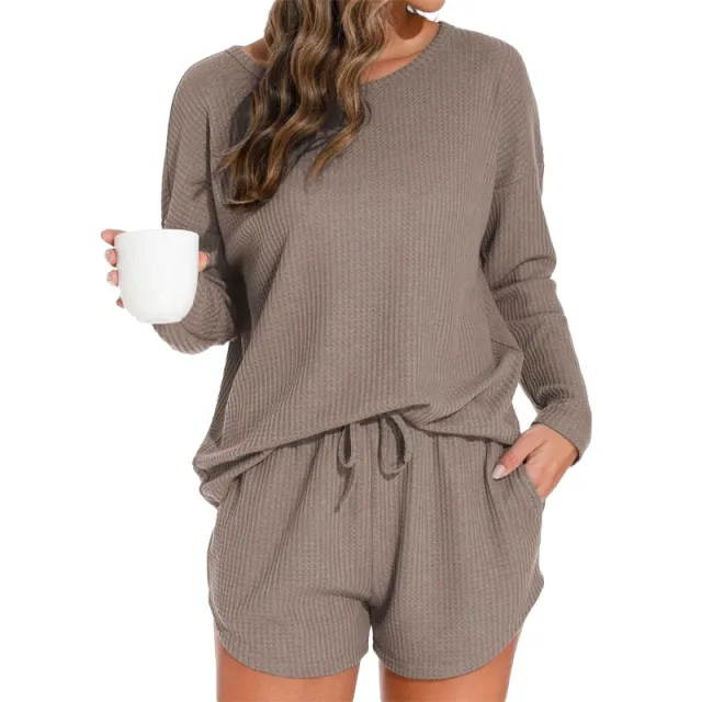 Waffle Knit Women's Long sleeved Pajamas Suit Brown - Shop at LoveMi