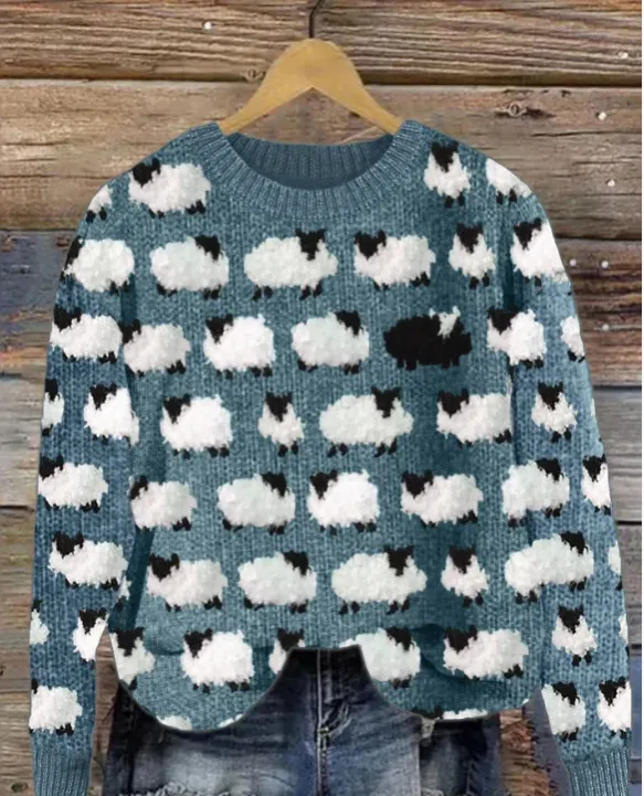 Printed Round Neck Christmas Deer Couples Sweater Blue - Shop at LoveMi