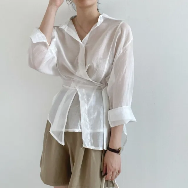 Irregular Buckle Lapel Long Sleeve Shirt Thin Simple Top White - Shop at LoveMi