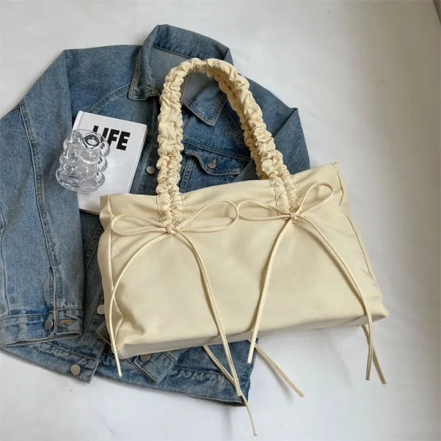 Pleated Large Capacity Bag Female Korean Style Simple And Casual Tote Bag Commuter Shoulder Bag Yellow - Shop at LoveMi