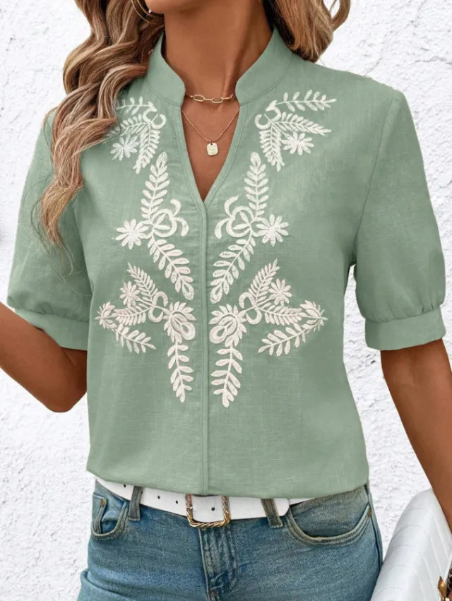 V neck Fashion Pure Cotton Embroidery Short sleeved Casual Shirt For Women Green - Shop at LoveMi