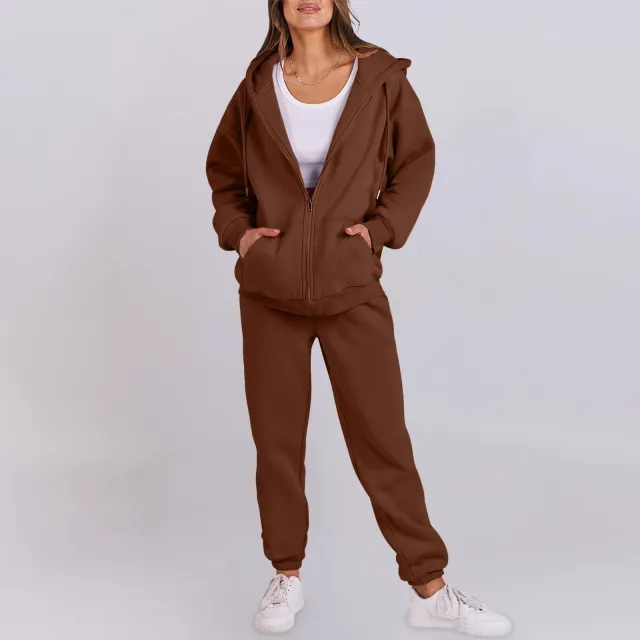 Relaxed fit Top And Jacket Couples Set Hoodie Brown - Shop at LoveMi