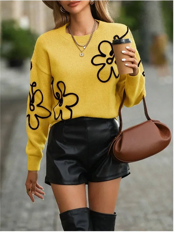 Solid Color Flower Jacquard Knitted Sweater Fashion Pullover - Yellow