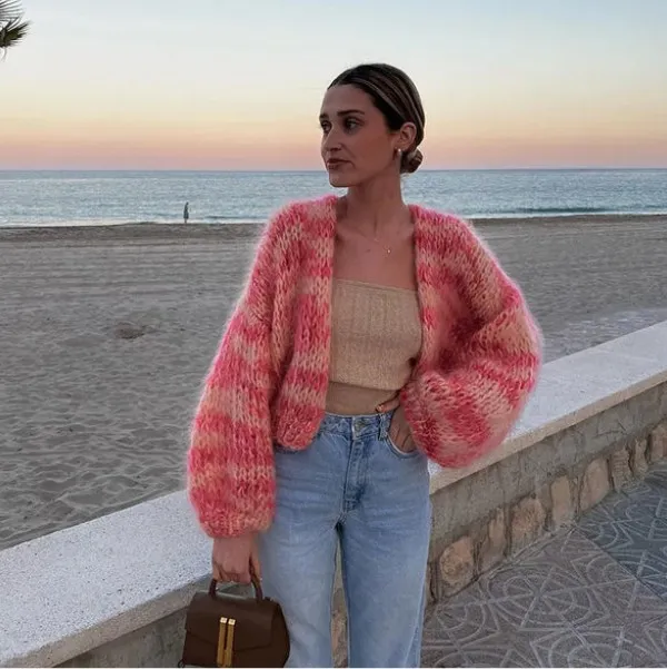 Striped Long Sleeve Rainbow Plaid Handmade Versatile Cardigan Sweater Sweater Striped Pink - Shop at LoveMi
