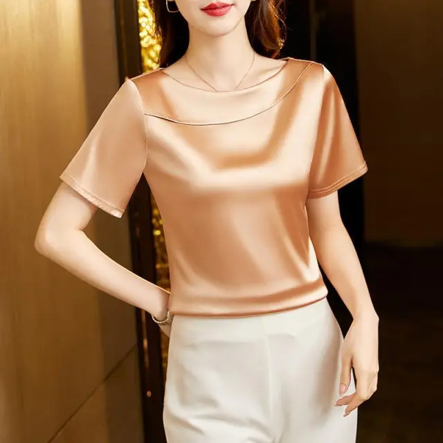 Acetate Satin T shirt Women's Short Sleeve Champagne - Shop at LoveMi