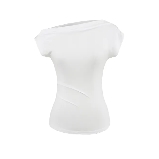 Summer New One shoulder Cold shoulder Pleated Slim fit Short Sleeve White - Shop at LoveMi