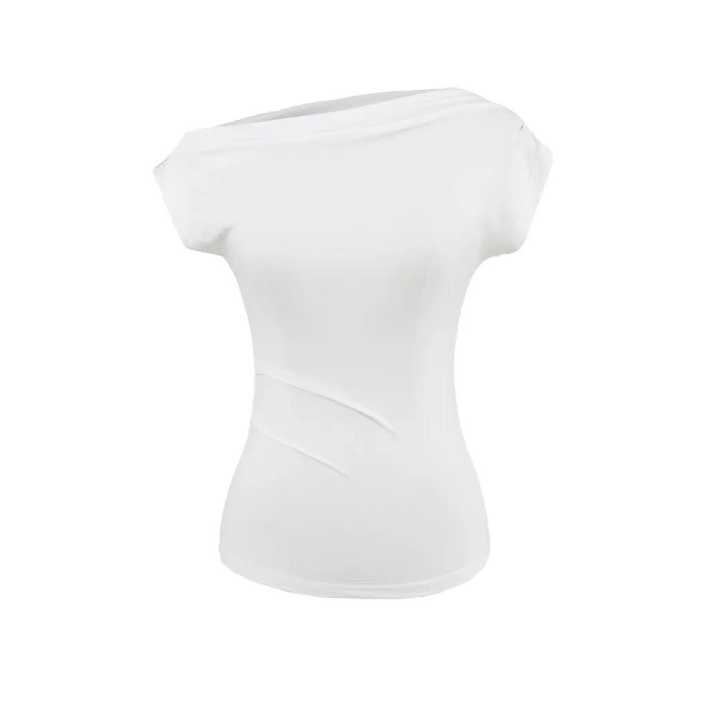 Summer New One-shoulder Cold-shoulder Pleated Slim-fit Short Sleeve - White