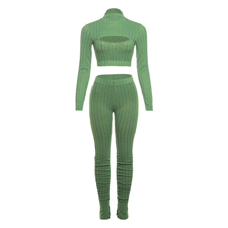 Half-high Collar Long Sleeves Hollow T-shirt Slim Fit Skinny Pants Suit