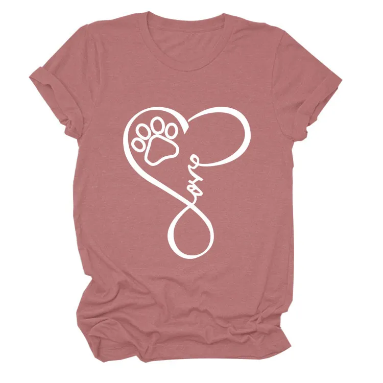 Dog Print Heart Printing Round Neck Short Sleeve Women's Clothing - Rose Gold White Font