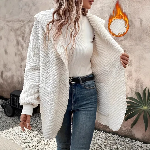 Casual Wave Pattern Double sided Velvet Hooded Cardigan Coat White - Shop at LoveMi