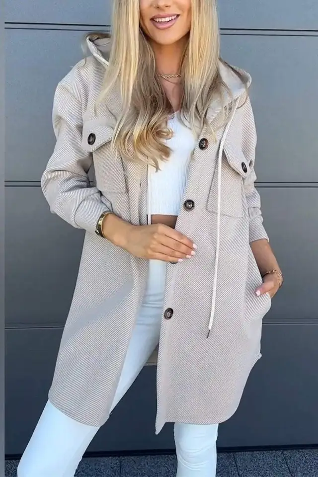Autumn And Winter Leisure Hooded Pocket Long Sleeve Twill Jacket Khaki - Shop at LoveMi