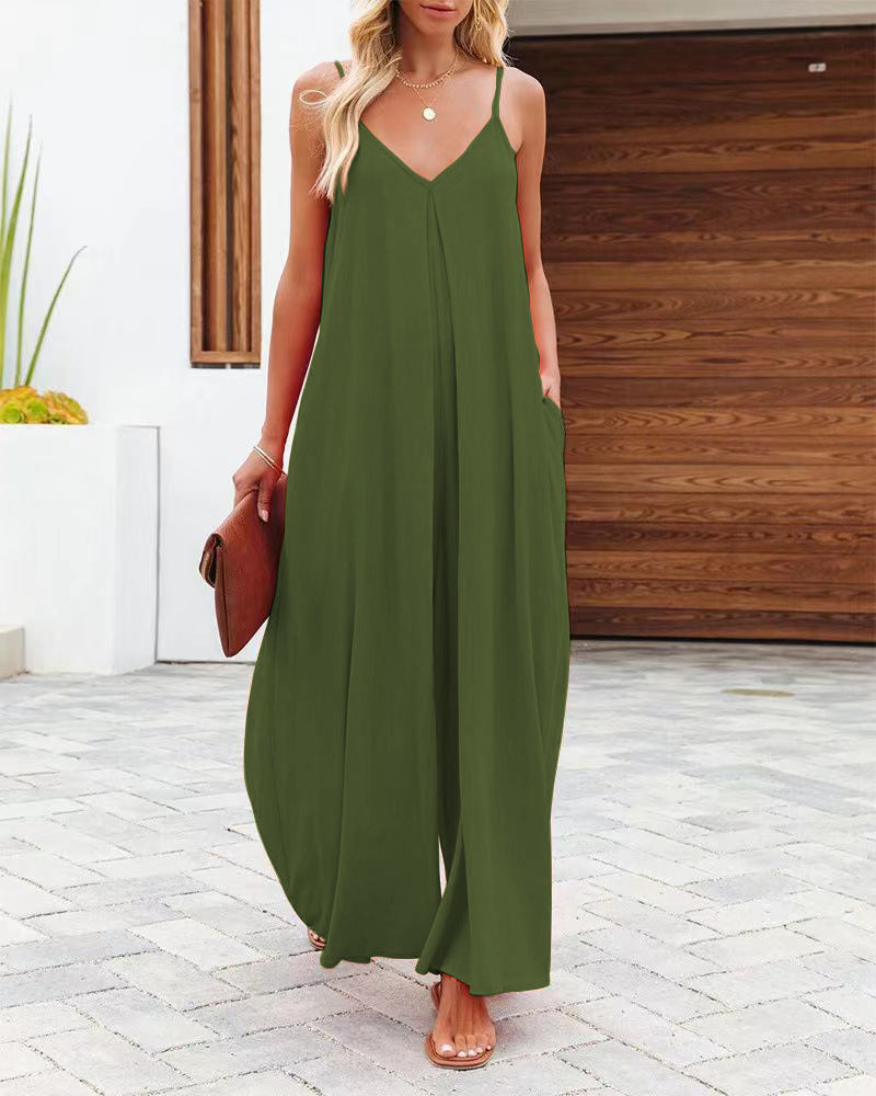 Women's Sling Wide leg Pants Solid Color Pocket Casual Jumpsuit Army Green - Shop at LoveMi