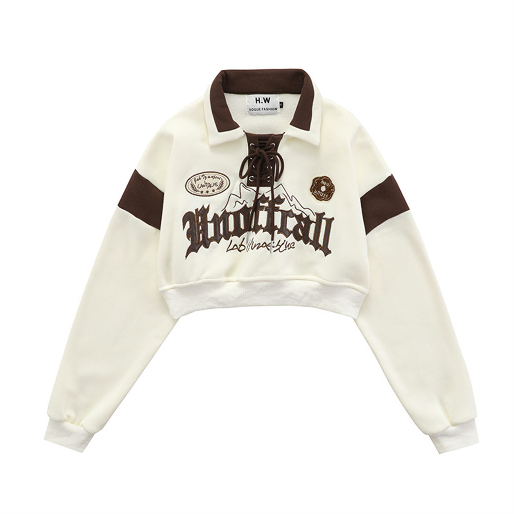 Women's Loose Fashion Polo Collar Lace-up Retro Alphabet Embroidery Color Matching… — image 1
