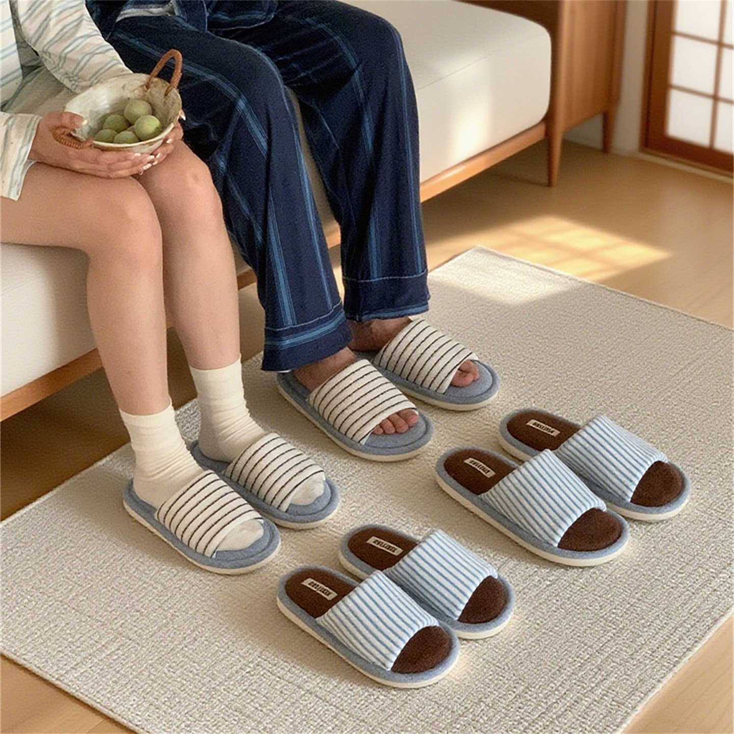 Mens And Womens Retro Color-block Striped Cotton Slippers Cozy Indoor Floor Shoes