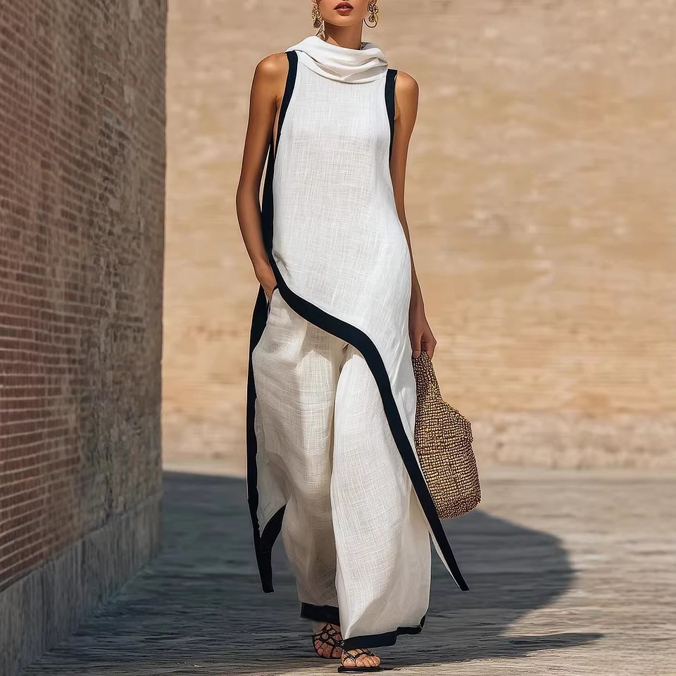 Irregular-cut Hooded Sleeveless Set