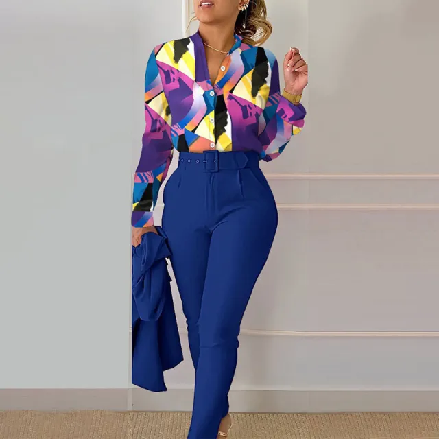 Women's Clothing New Elegant Printed Trousers Long Sleeve Fashion Casual Set Dark Blue - Shop at LoveMi