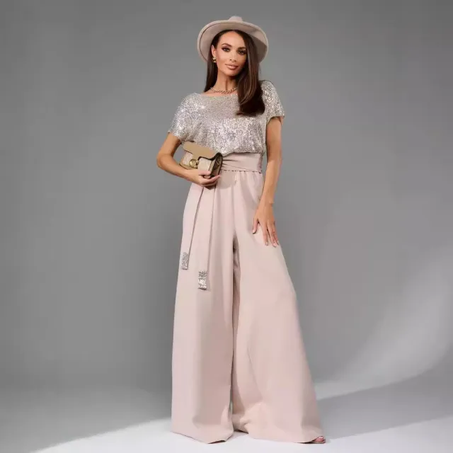 European And American One piece Sequin Fashion Short Sleeve Casual Jumpsuit Trousers Silver - Shop at LoveMi