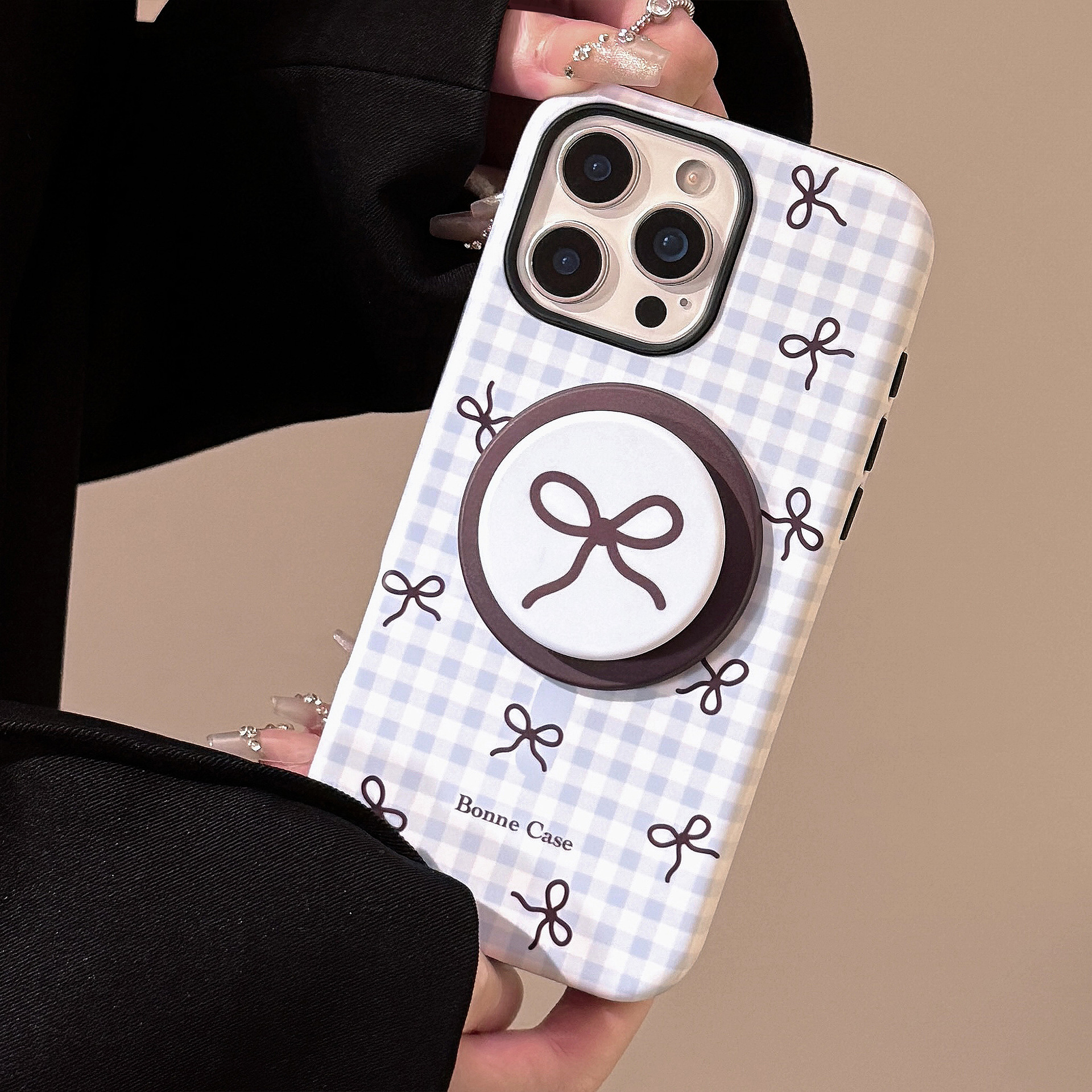 Plaid Bowknot Magnetic Stand Phone Case