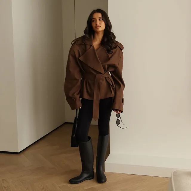 Women's Fashion Waist controlled Long sleeved Coat Dark Brown - Shop at LoveMi