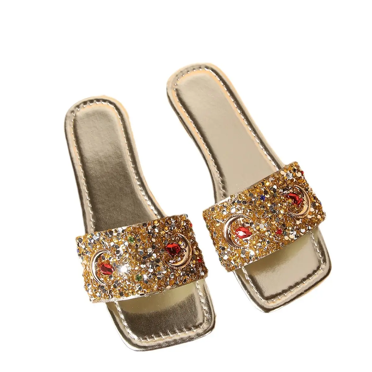 Women's Slippers Fashion Rhinestone Sequins Flat One-word Casual Cool