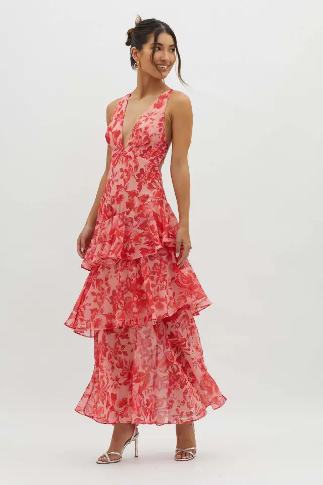 Women's Spaghetti strap Floral Print Backless Multi layer V neck Dress Red - Shop at LoveMi