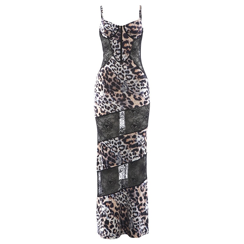 Womens Stylish Strap Dress With Leopard-print Lace Paneling