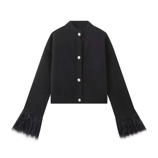 Mid length Cuff Fur Stitching Cardigan Sweater Black - Shop at LoveMi