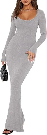 Soft Casual Long Dress With A Square Neckline And Long Sleeves Gray - Shop at LoveMi