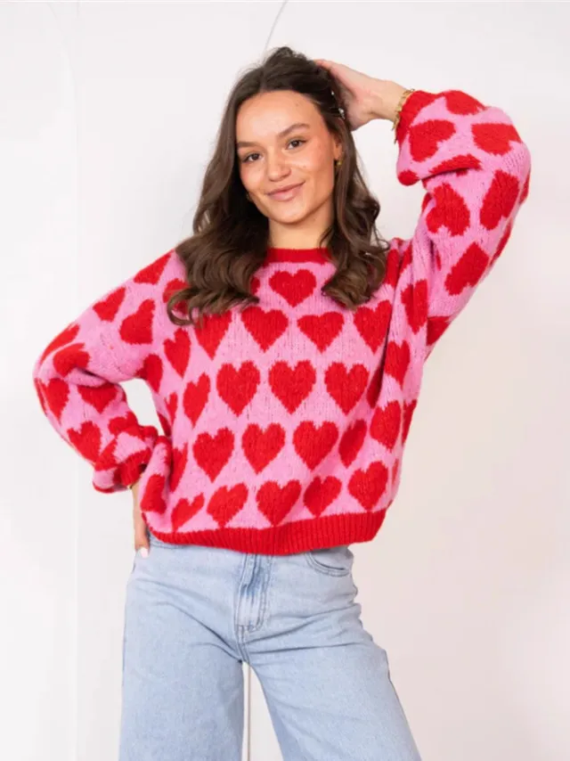 Heart Jacquard Color Contrast Short Knitted Valentine's Day Sweater Red - Shop at LoveMi