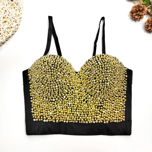 Women's Short Shaping Fishbone Top Pearl Suspender Vest Gold - Shop at LoveMi