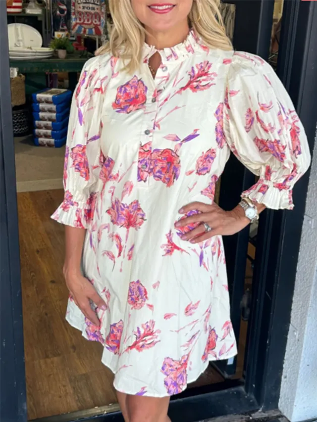 Floral Print Women Puff Sleeve Waist controlled Lace up Short Female Dress Blue - Shop at LoveMi