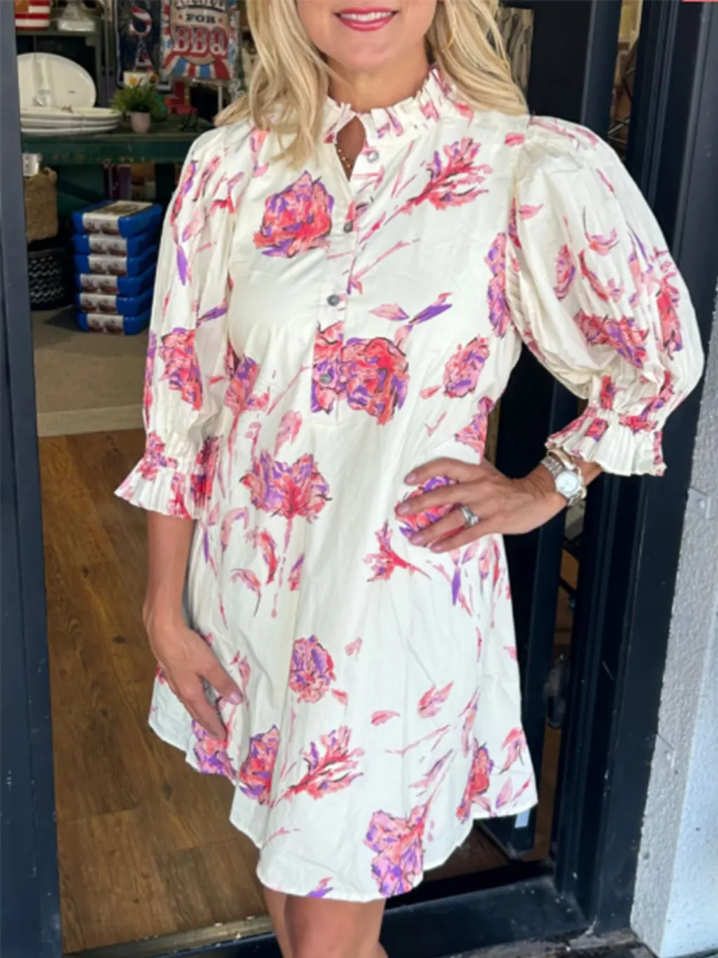 Floral Print Women Puff Sleeve Waist-controlled Lace-up Short Female Dress - Blue