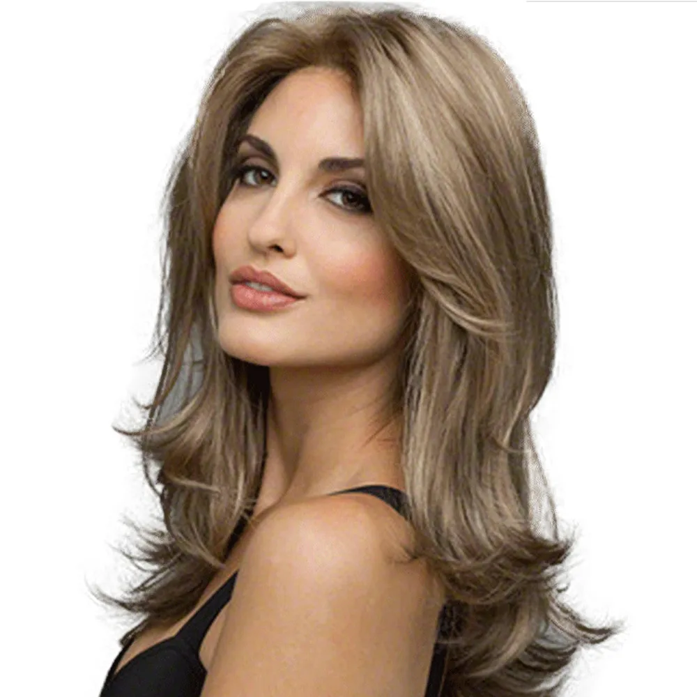 Mid-length Fashion Women's Mid-length Curly Hair Synthetic Wigs - Linen Brown