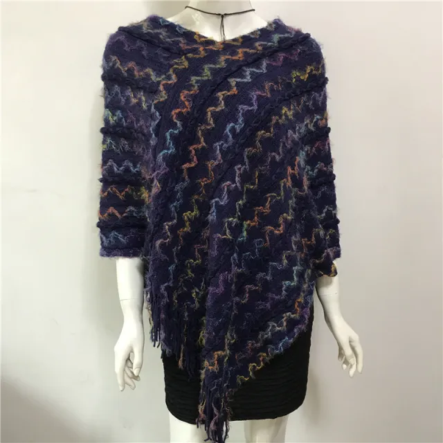 Idle Style V neck Tassel Rainbow Cape Sweater For Women Color Curved Strip Navy Blue - Shop at LoveMi