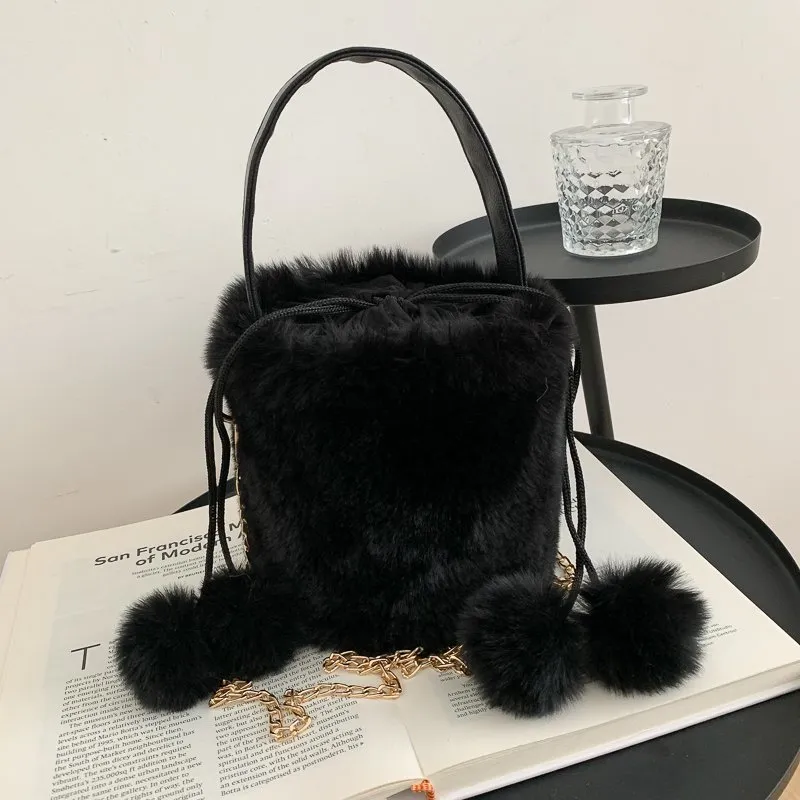 Women's Fashion Drawstring Anti-theft Fur Ball Shoulder Crossbody Bag - Black