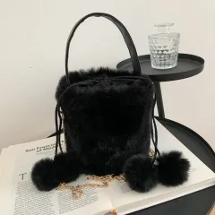 Women's Fashion Drawstring Anti-theft Fur Ball Shoulder Crossbody Bag - Black - View 1