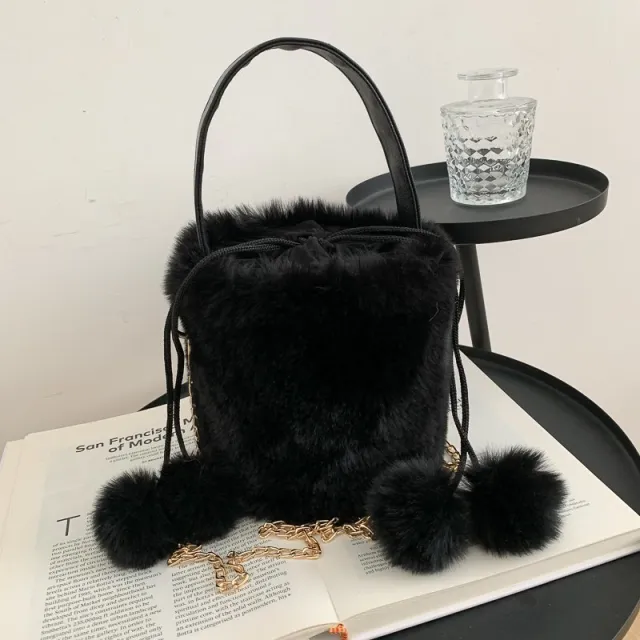 Women's Fashion Drawstring Anti theft Fur Ball Shoulder Crossbody Bag Black - Shop at LoveMi