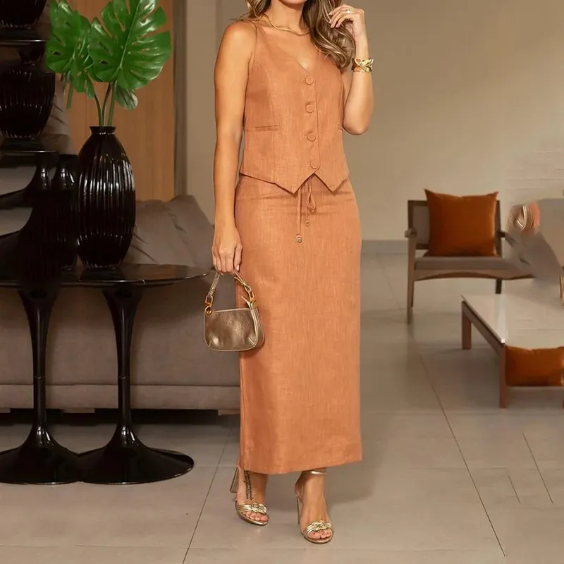 Elegant Spaghetti-strap Camisole Top Suspender Skirt Two-piece Suit - Orange