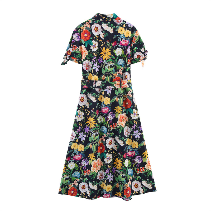 European And American Style Flower Printed Poplin Midi Skirt Dress