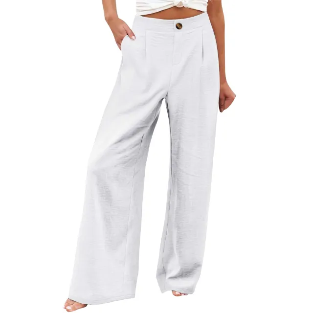 Women's Button Elastic Waist Wide Leg Trousers White - Shop at LoveMi